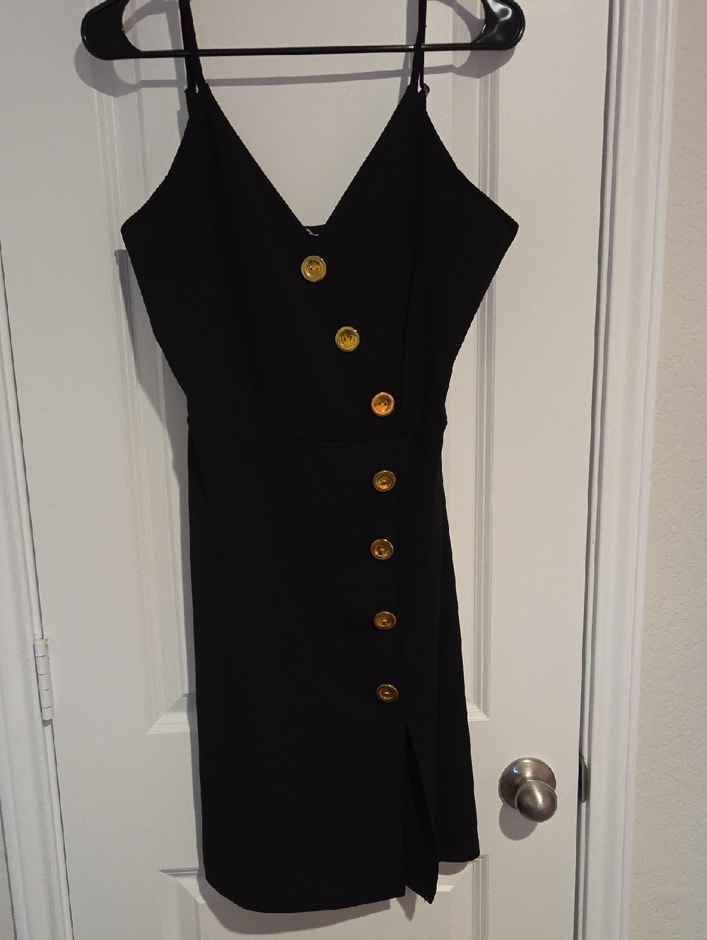 Black Spaghetti-Strap Dress with Gold Buttons